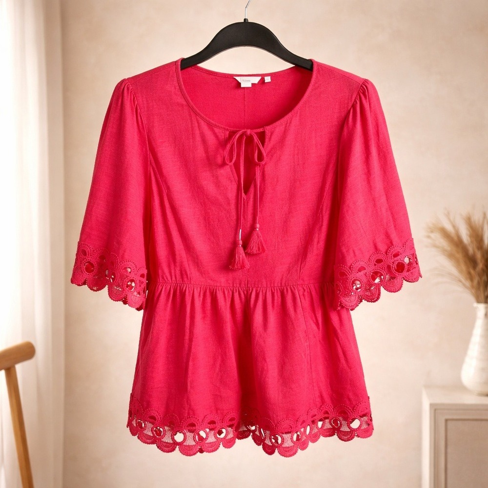 Boden 6 Blooming Red Cotton Crochet Trim Peplum Blouse Top‎ US 6 UK 10 NEW